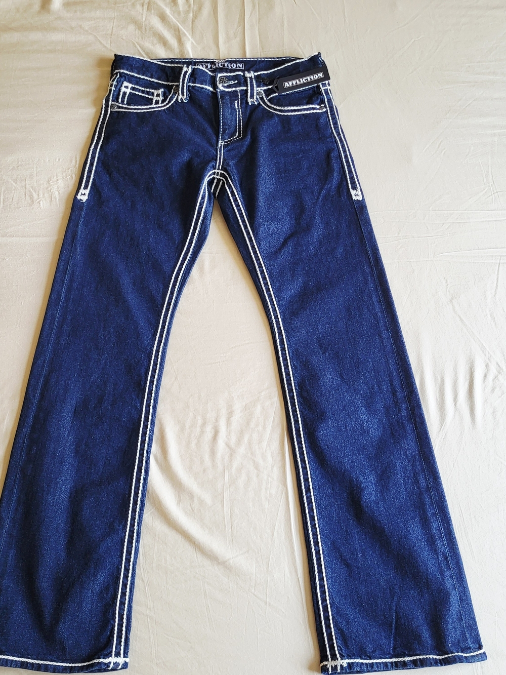 NWT Affliction Cooper Prairie Mens Jeans Sz 30 Thick White Stitching Flap Pocket - Picture 3 of 10